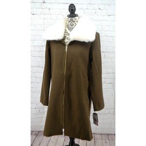 VINCE CAMUTO Women's Detachable Faux Fur Collar Full Zip Peacoat SMALL Olive NWT